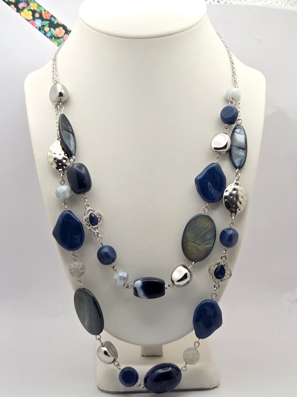 Double Strand Blue & Silver Tone Statement Necklace Multi Mixed Beads 21”
